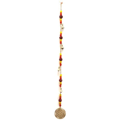 Indiai harangjáték - Réz életvirág rudraksha gyöngyökkel és csengők húrjával - 6x63cm